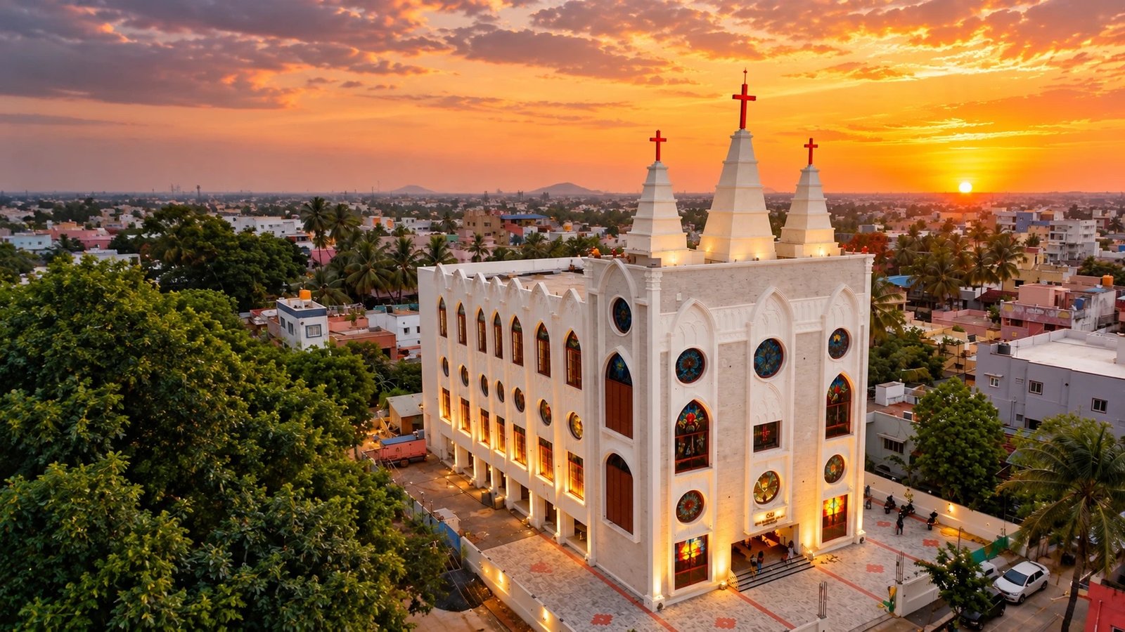 Aerial view of CSI St. John's Church, New Perungalathur, lit up at sunset with its three white spires