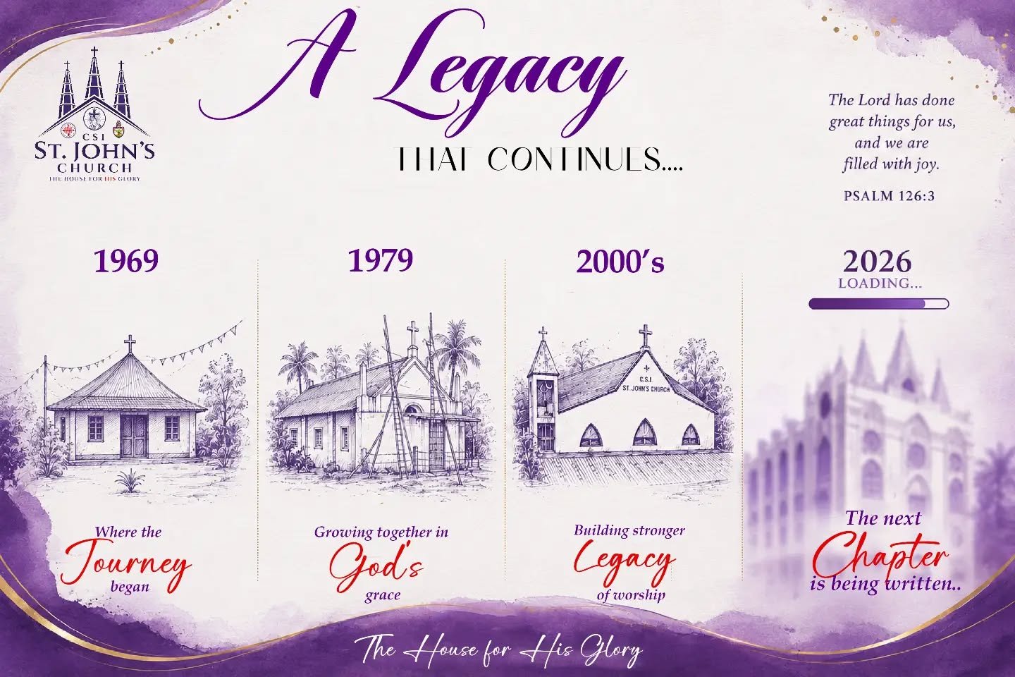 A Legacy That Continues: illustrated timeline of the church in 1969, 1979, the 2000s and 2026